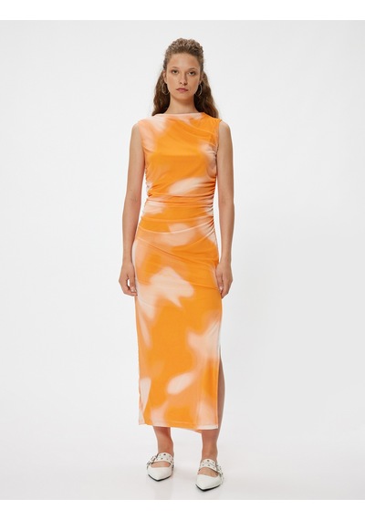 Koton Tül Bodycon Uzun Elbise Kolsuz Drapeli Kayık Yaka Slim Fit Soyut Desenli Turuncu Desenli 4sal80228ık Koton Tül Bodycon Uzun Elbise Kolsuz Drapeli Kayık Yaka Slim Fit Soyut Desenli Turuncu Desenli 4sal80228ık