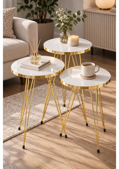 Sulorahome Gold Tel Zigon Sehpa Takımı Beyaz 3'lü Altın - Beyaz