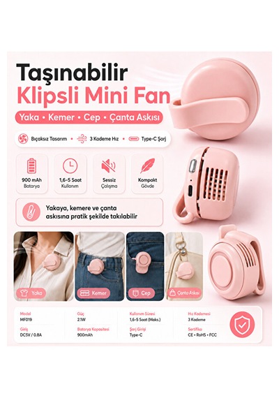 Şarjlı Klipsli Mini Fan Bıçaksız 3 Kademeli Type-c Taşınabilir Yaka Kemer Cep Ve Pembe