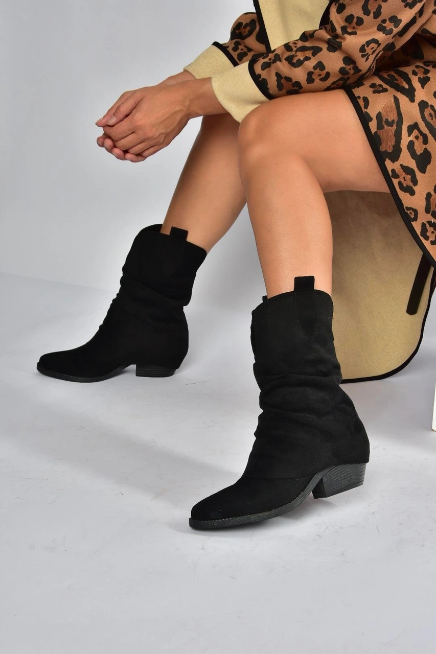 Fox Shoes V404041002 Siyah Süet Kalın Topuklu Kadın Bot Siyah-Süet