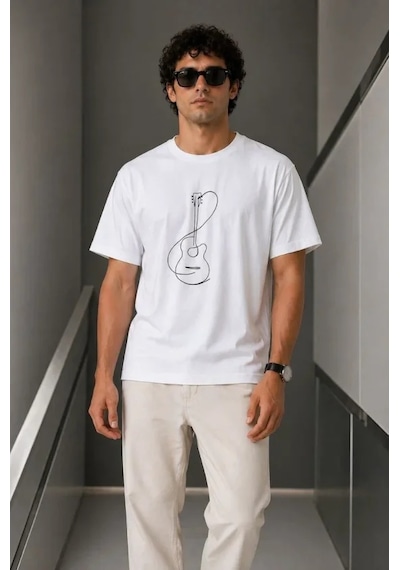 Veraura Lifestyle Erkek Minimal Gitar Baskılı Tişört T-shirt Yazlık Kısa Kol Bisiklet Yaka T-shirt - Beyaz
