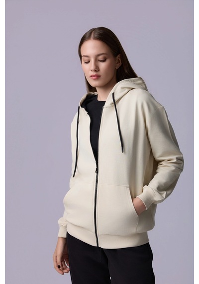 Defys Defy S Kadın Oversize Kapüşonlu Fermuarlı Cepli Sweatshirt Bej - 527346818 Bej