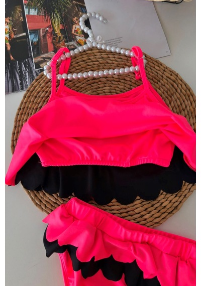 Minigimin Cicileri Kalp Desenli Fırfırlı Kız Çocuk Bikini Takımı - Fuşya
