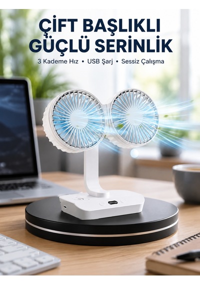 Sessiz Çalışan Usb Şarjlı Çift Kafalı Masaüstü Fan Ev Ofis İçin - 547