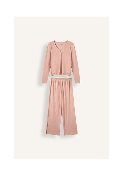 Defacto Regular Fit V Yaka Fitilli Dantel Detaylı 2li Pijama Takımı I4236ax26aubr105 Pembe-br105