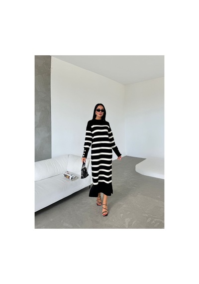 İkrafashion Çizgili Triko Elbise Siyah Siyah