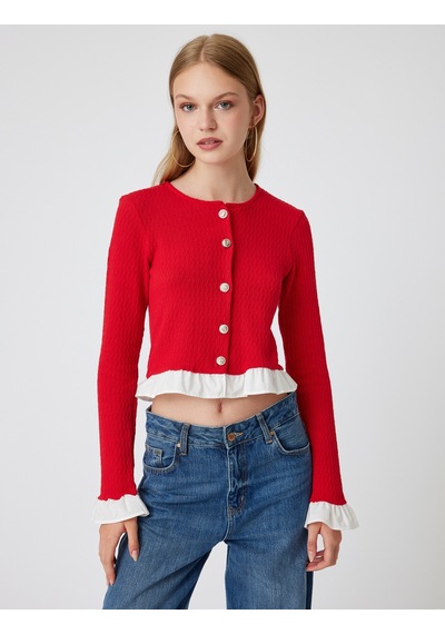 Koton Crop Hırka Düğmeli Fırfır Detaylı Bisiklet Yaka Slim Fit Kırmızı 5wal90024ık Kırmızı Koton Crop Hırka Düğmeli Fırfır Detaylı Bisiklet Yaka Slim Fit Kırmızı 5wal90024ık Kırmızı