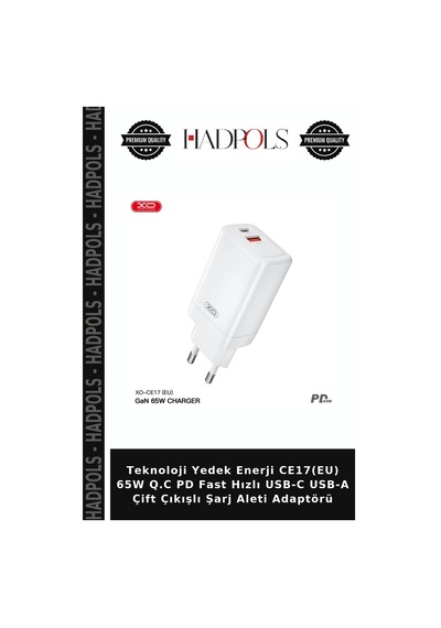 Teknoloji Yedek Enerji Ce17 Eu 65w Q.c Pd Fast Hızlı Usb-c Usb-a Çift Çıkışlı Şarj Aleti Adaptörü