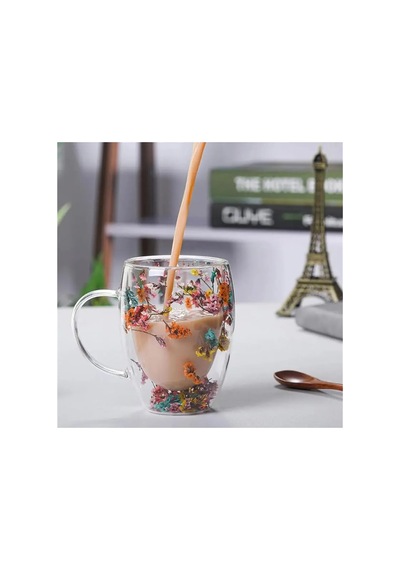 350 Ml Isıya Dayanıklı Borosilikat Çift Çidarlı Flower Cup Bardak Çiçekli Kahve Sunum Bardağı çok renkli