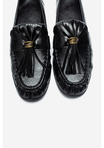 Luvi Shoes Marston Siyah Kırışık Rugan Püsküllü Kadın Loafer Ayakkabı