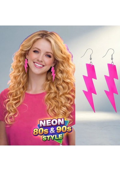Retro Neon Pembe Şimşek Küpe 10 Cm 80'ler 90'lar Modası Diğer