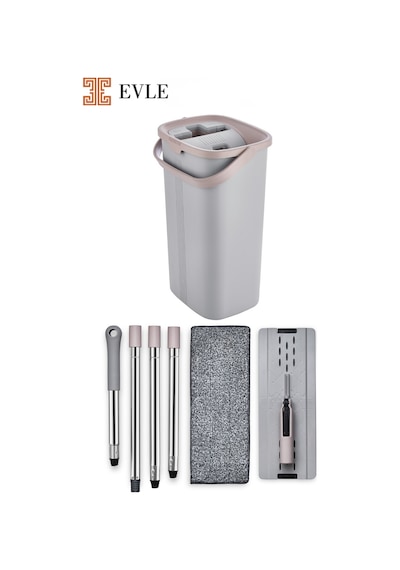 Lavine Premium Flat Mop Seti Gri, Su Tahliyeli Kova, Paslanmaz Çelik Sap