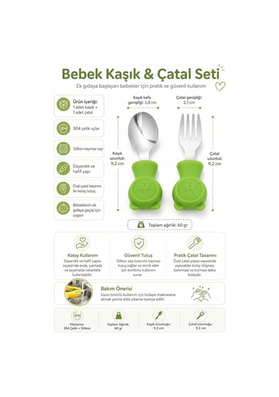 304 Çelik Yeşil Ayıcık Model Bebek Kaşık Ve Çatal Set Cin766ys Çok Renkli