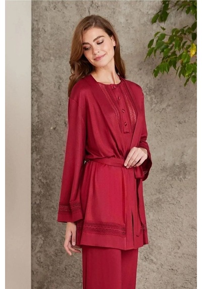 Pierre Cardin 2800 Kadın Bordo Dantelli Penye 3'lü Sabahlıklı Pijama Takım Bordo