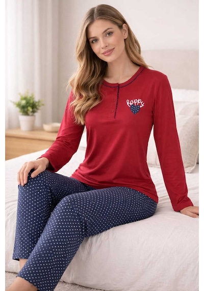 Tenra Geniş Kesim Kadın Pijama Takımı %100 Pamuk Kırmızı