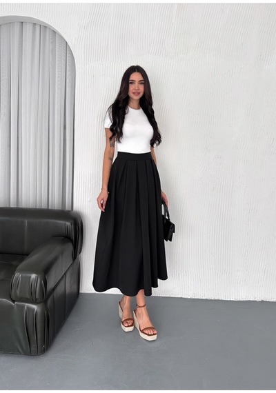 Winmoda34 Tesettür Dabıl Kumaş Pileli 91 Cm Tam Boy Uzun Etek Siyah