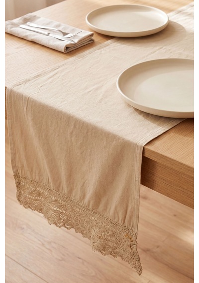 Oxford Lacy Pamuklu Dantelli Runner 40x150 Cm Bej