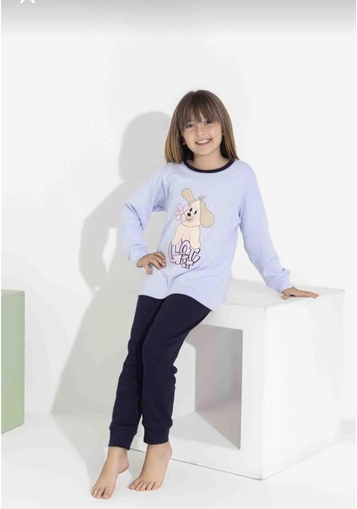 Kız Çocuk Baskılı Uzun Kollu Pijama Takımı Sevimli Ev Giyimi-8408- Mavı