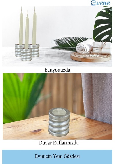 Eskitme Mumluk Şamdan 3 Adet Tealight Ve İnce Mum Uyumlu Spiral Model - Gümüş