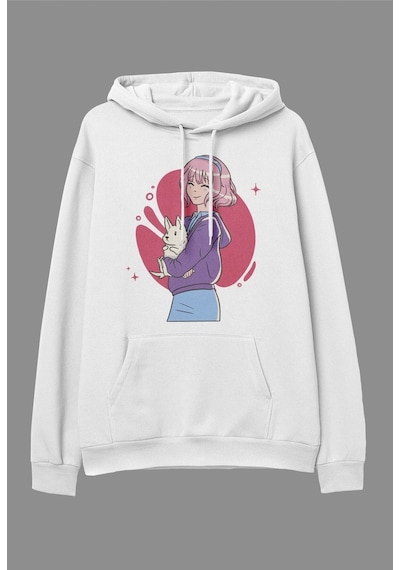 Tarzsokak Oversize Pembe Saçlı Kız Ve Tavşan Tasarım Baskılı Unisex Kapüşonlu Sweatshirt Hoodie Beyaz