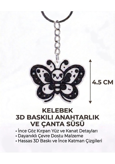 Kelebek 3d Baskılı Anahtarlık & Çanta Süsü Beyaz - Siyah
