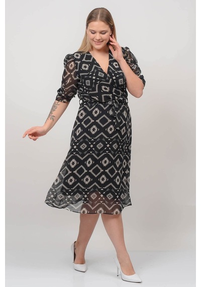 Neşeli Butik Kadın Kruvaze Yaka Midi Boy Büyük Beden Desenli Şifon Elbise Nb80622 Çok renkli