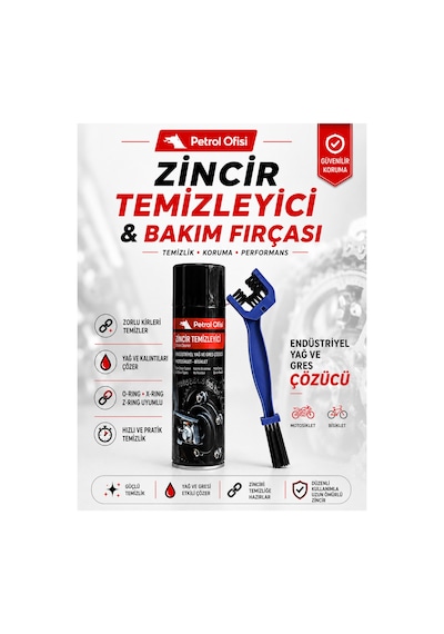Petrol Ofisi Zincir Temizleyici Sprey + Çift Taraflı Motosiklet Zincir Fırçası