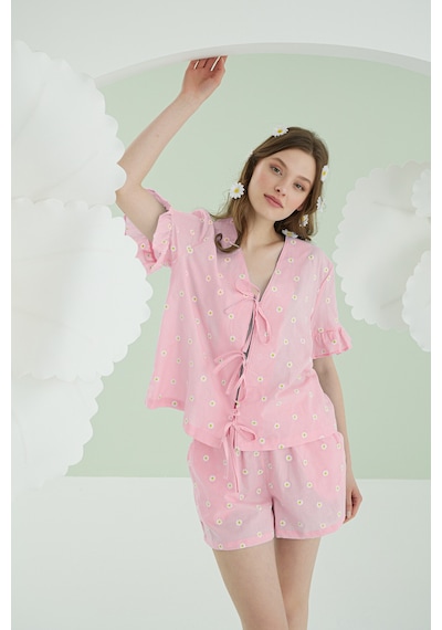Nbb Kadın Pembe Papatya Şortlu Önden Bağlamalı Pijama Takımı Pembe