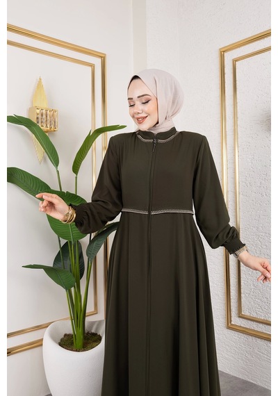 Nevayla Moda Yaka Ve Bel Nakış Detaylı Ferace - Haki / F0143 Haki