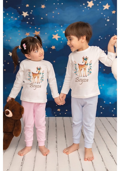 Pia Baby İsimli Kız Çocuk Pijama Takımı %100 Pamuk Penye İsme Özel Baskılı Kişiselleştirilebilir Pijama Seti 20368p14pi Krem
