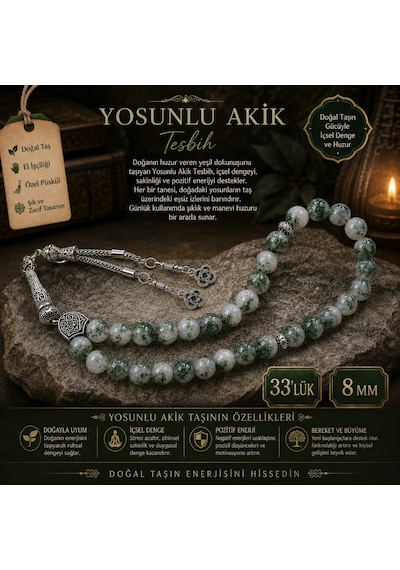 Doğal Yosunlu Akik Taşı Tesbih 33'lü - 8 Mm Gümüş Kamçılı Erkek Tesbih Çok Renkli