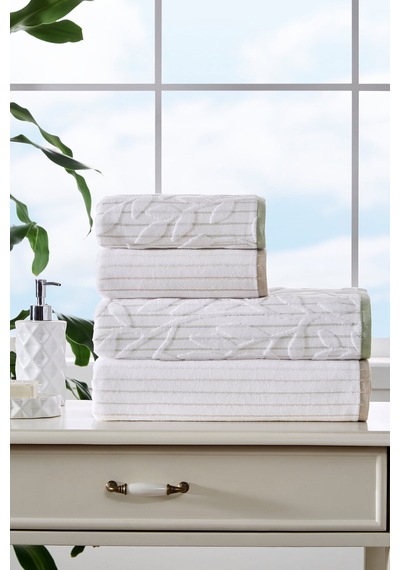 Leaf Stripe Kadife Aile Seti Bej/yesıl