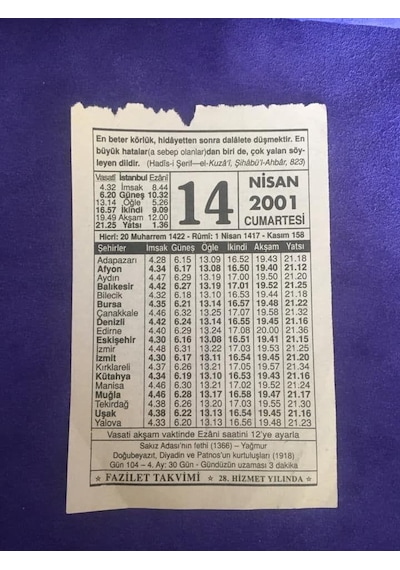 14 Nisan 2001 Takvim Yaprağı - Nostalji Koleksiyonluk Takvim Yaprağı