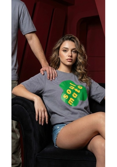 Unisex Düz Renk Soul Mate Dijital Baskılı Bisiklet Yaka Basic Tişört Gri