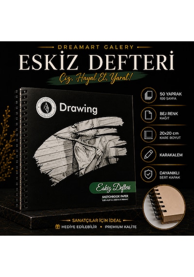 Dreamart Galery Eskiz Çizim Defteri Sert Kapak 20x20 Cm 50 Yaprak Spiralli