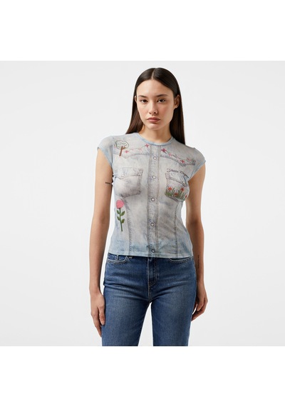 Guess Go Printed Denim Mes Slınky Mesh Kadın Multicolor Topw4yp20kbbf0 Mor