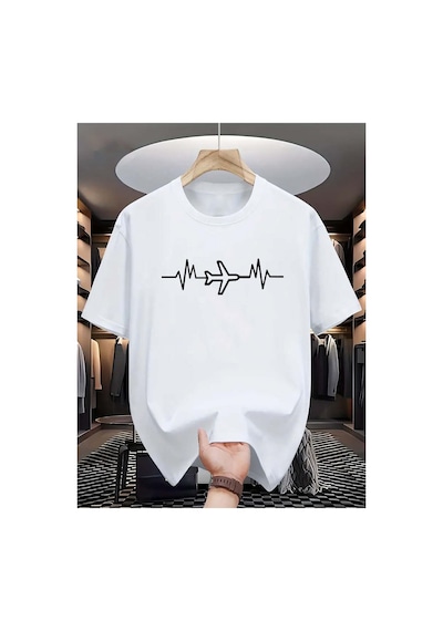 Caddemia Yaz Moda Rahat Gevşek Spor Yaratıcı Uçak Desen Baskılı Yuvarlak Boyun Kısa Beyaz 2XL