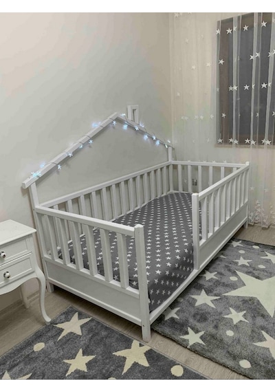 Babykinder Baby Kinder Wh. Back Roofed Doğal Ahşap Yatak Montessori Bebek Ve