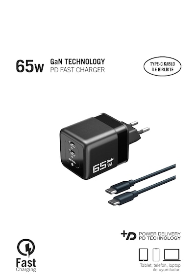 65w Laptop Ve Telefon Şarj Cihazı Usb-c 2 Pd Hızlı Akım Korumalı Gan Güç Adaptörü 65w Şarj Cihazı