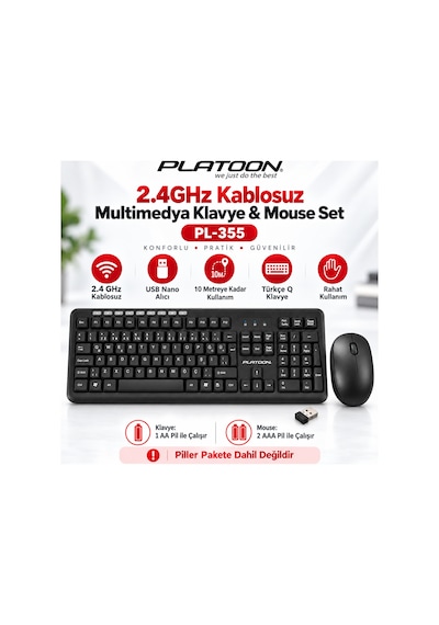 Platoon Pl-355 Kablosuz Türkçe Q Klavye Mouse Seti 2.4 Ghz Usb Nano Alıcılı Multimedya Optik