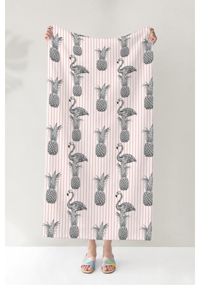 Flamingo Ananas Çizgili Plaj Havlusu - Tropikal Modern Pembe Marine Hızlı Kuruyan Mikrofiber Havlu Köpük Bahçe