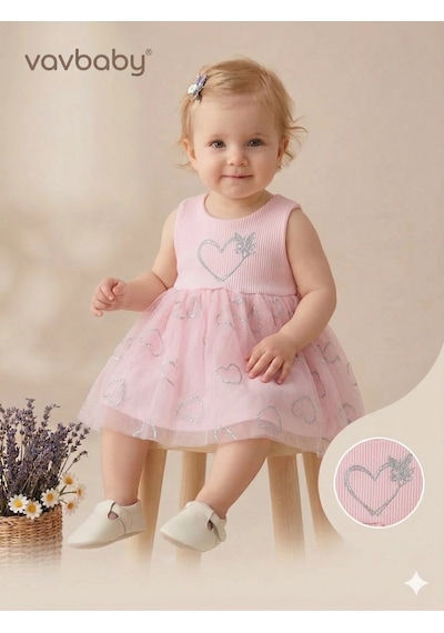 Kız Bebek Kalp Nakışlı Tül Detaylı Elbise Pembe Pembe