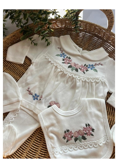 Bambik Zuhu Baby Kız Bebek Nakışlı 5 Li Hastane Çıkışı Seti Pamuk Şapka, Üst, Alt, Eldiven, Önlük Ekru