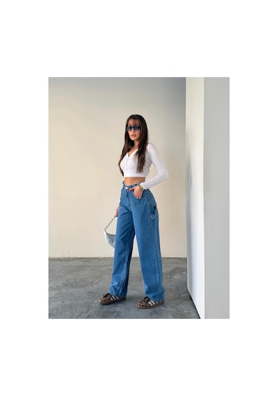 Blue Marlın Yan Kemer Mavi Tokalı Kargo Cep Detaylı Baggy Jeans Mavi