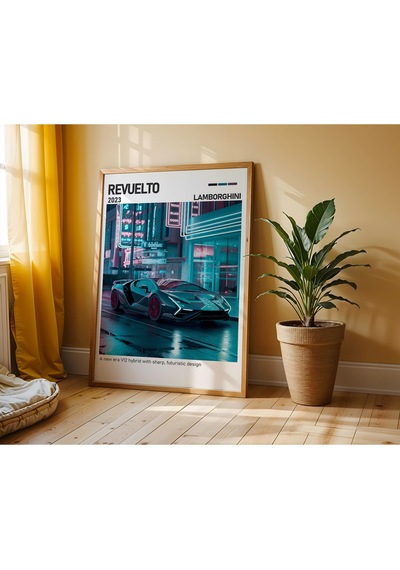 Lamborghini Revuelto Ahşap Çerçeveli Poster Tablo Hibrit V12 Hypercar