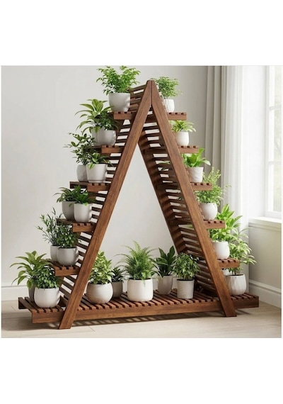 Ahşap A Formlu Dekoratif Çiçeklik Standı - 150x150 Cm Geniş Saksı Rafı Kahverengi