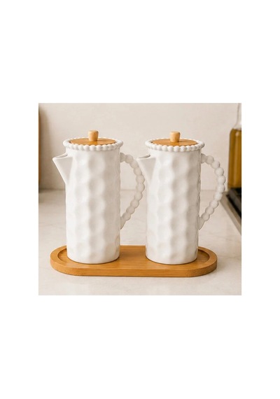 Bambu Standlı 2 Li Porselen 1000 Ml Yağdanlık Seti 3 Parça Yağlık Seti Beyaz Beyaz
