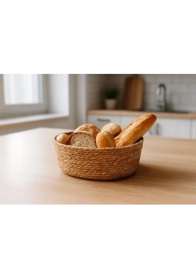 El Yapımı Doğal Hasır Ekmek Sepeti - 22x16x8 Cm A