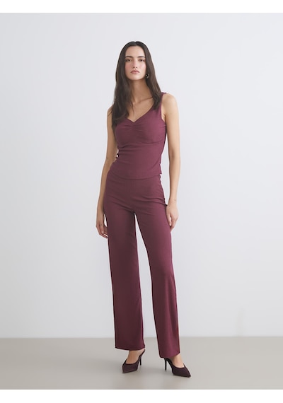 Lcw Vision Bordo Beli Lastikli Dokulu Geniş Paça Kadın Pantolon