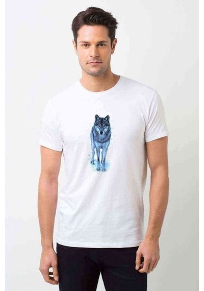 Wolf Kurt Sibirya Köpek Çizim Baskılı Beyaz Erkek Tshirt